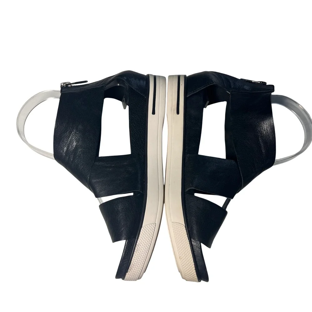Eileen Fisher Sandals Women 6 Black Leather Platform Wedge Zip Back Gladiator